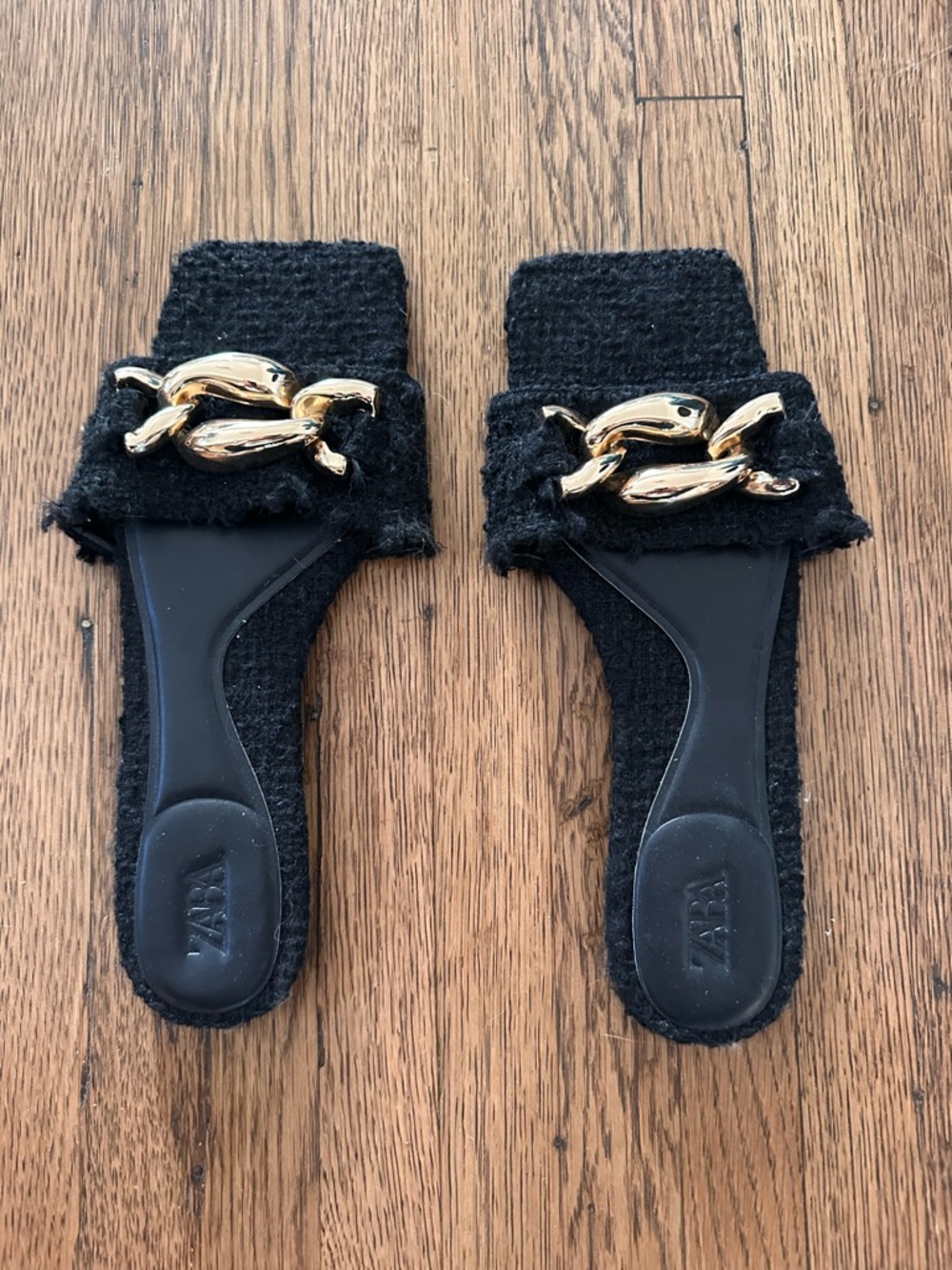 ZARA Black Tweed Slide Sandals with Gold Chain Accent